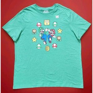 Super Mario Bros. T-Shirt Mario And Luigi Stars Mushrooms - Size XXLarge - Green